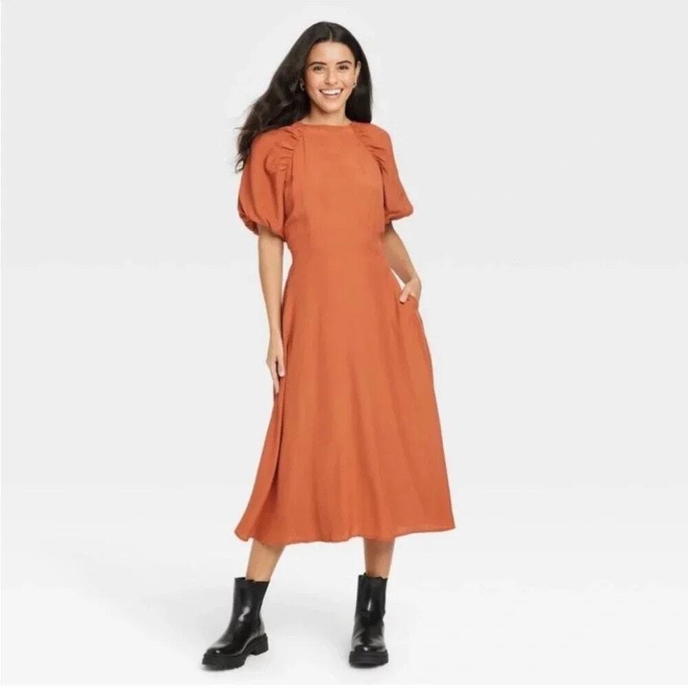 A New Day Rust Midi Dress Puff Sleeve Open Back Tie Waist XL